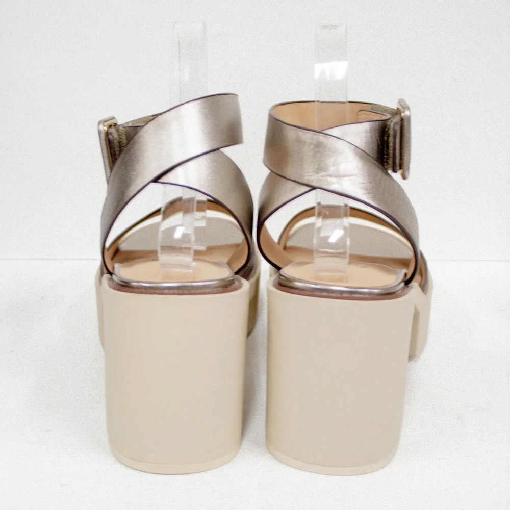 Naked Feet Iconoclast Silver Leather Platform Block Heel Sandals 8.5M